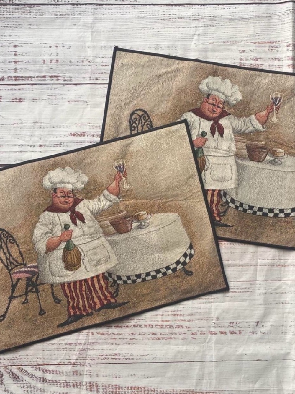 Vintage 90s Fat Chef Pattern Kitchen Placemats - Brown Set of 2